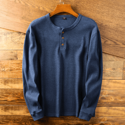 Men's Long Sleeve Henley Shirt with Button Placket and Ribbed Texture