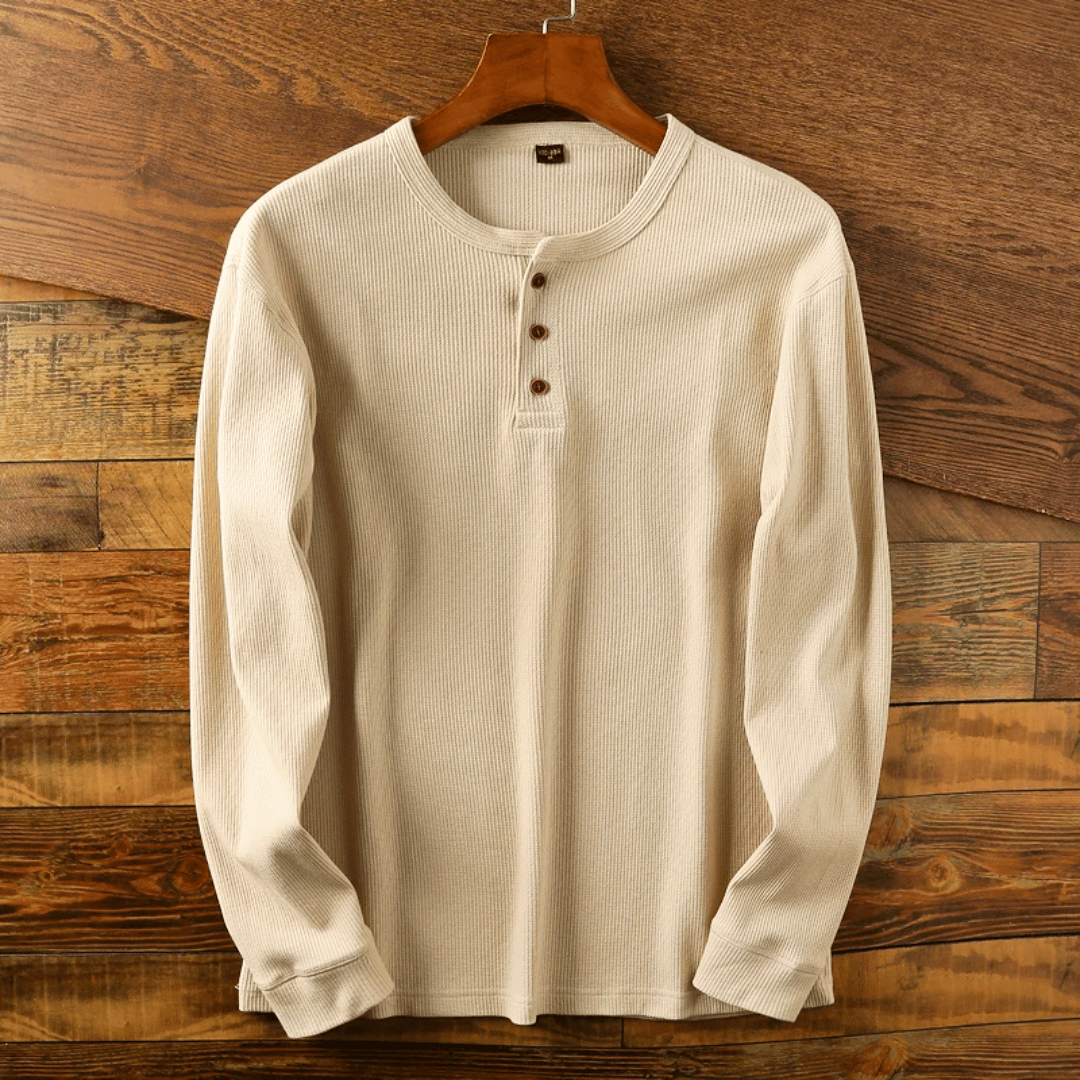 Men's Long Sleeve Henley Shirt with Button Placket and Ribbed Texture