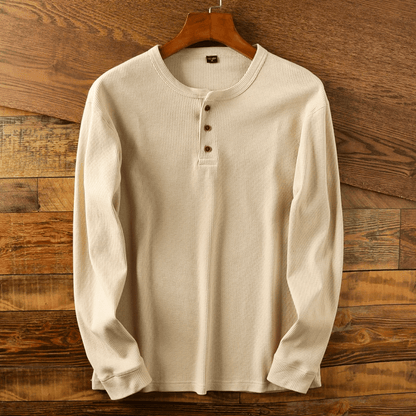 Men's Long Sleeve Henley Shirt with Button Placket and Ribbed Texture