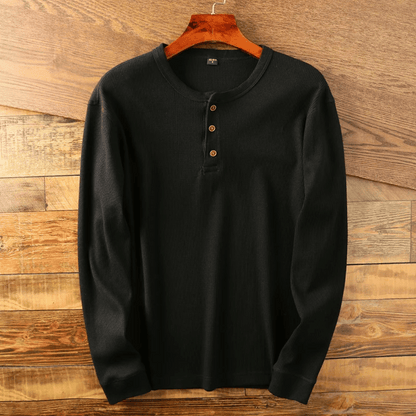 Men's Long Sleeve Henley Shirt with Button Placket and Ribbed Texture