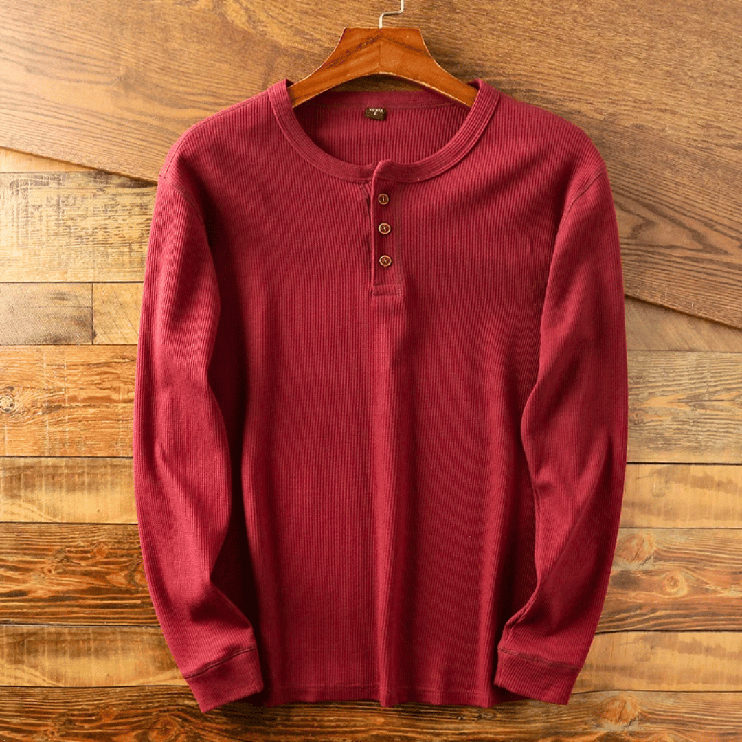 Men's Long Sleeve Henley Shirt with Button Placket and Ribbed Texture