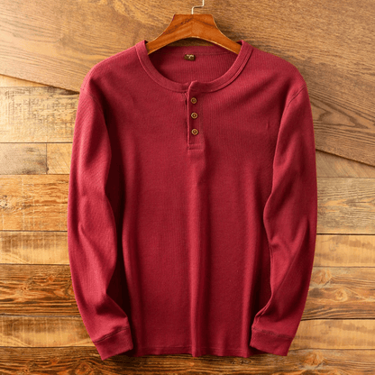 Men's Long Sleeve Henley Shirt with Button Placket and Ribbed Texture