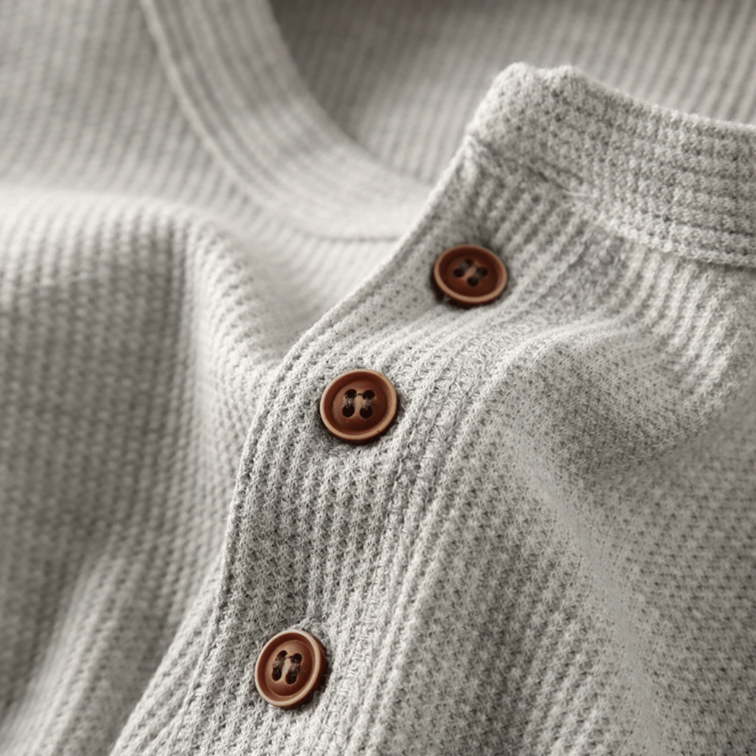 Men's Long Sleeve Henley Shirt with Button Placket and Ribbed Texture