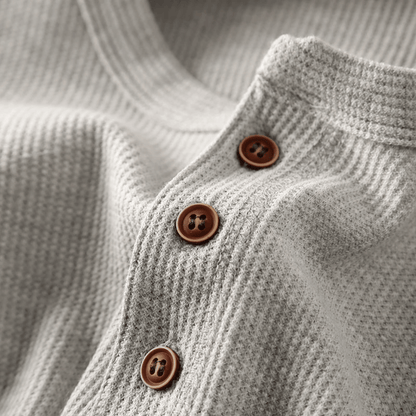 Men's Long Sleeve Henley Shirt with Button Placket and Ribbed Texture