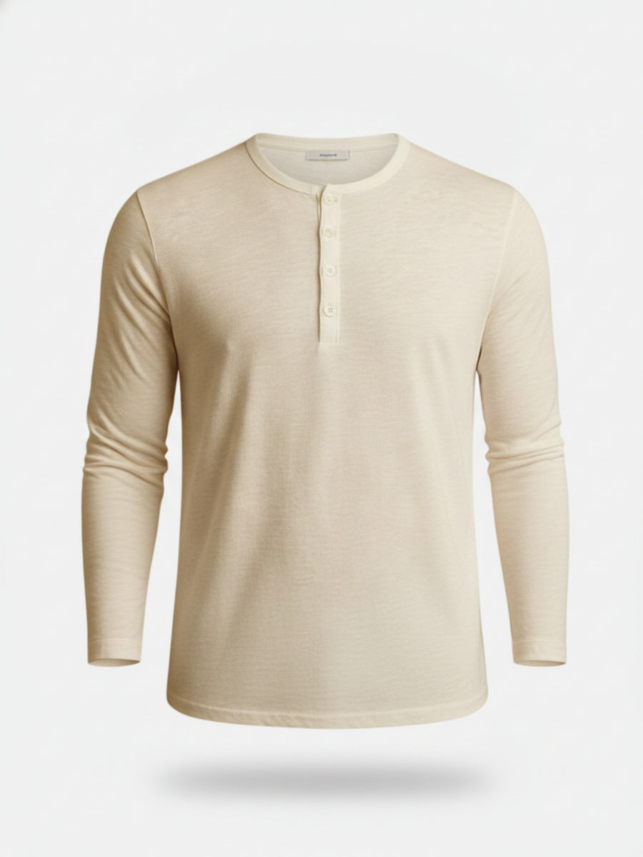 Men's Long Sleeve Henley Shirt with Button Placket and Slim Fit