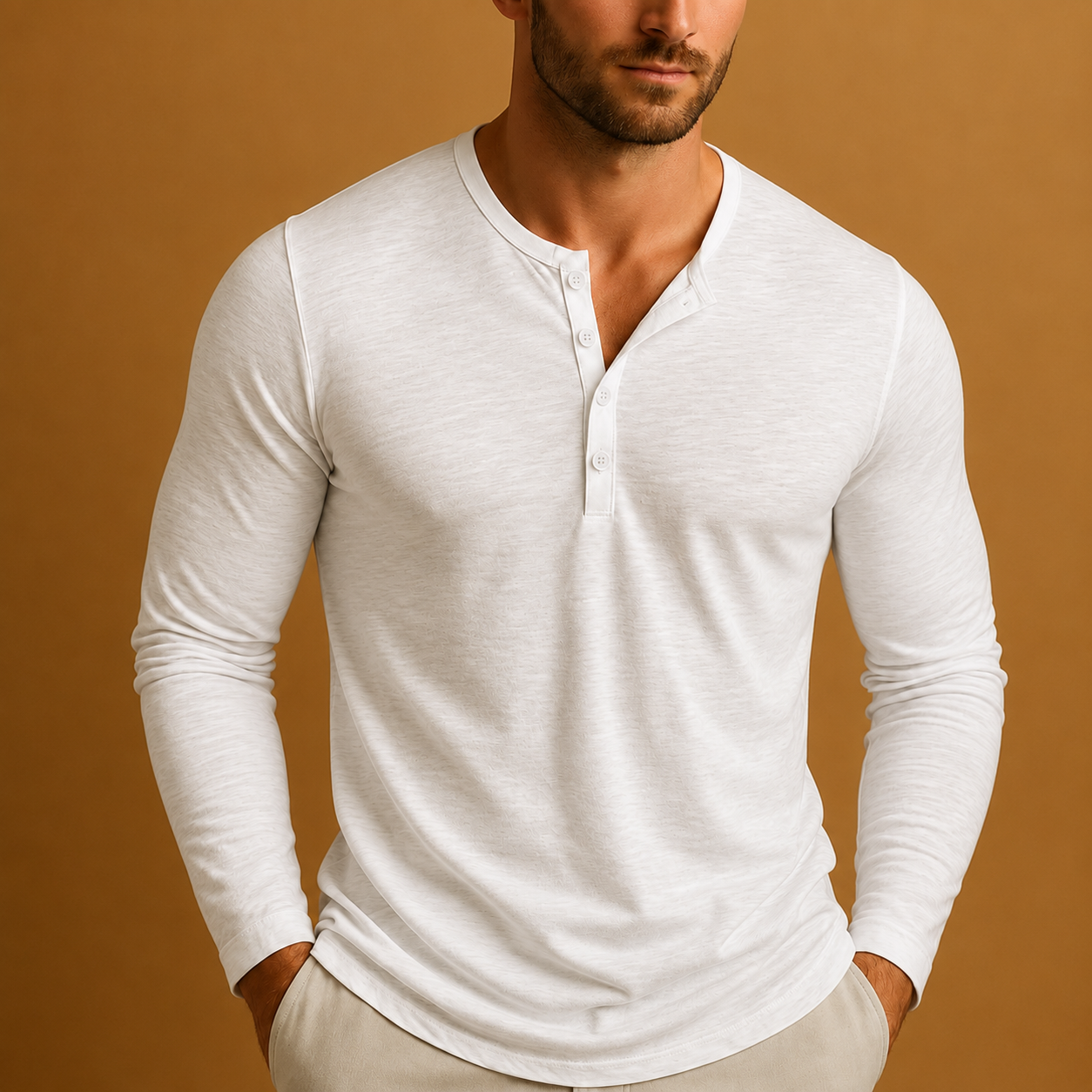 Men's Long Sleeve Henley Shirt with Button Placket and Slim Fit