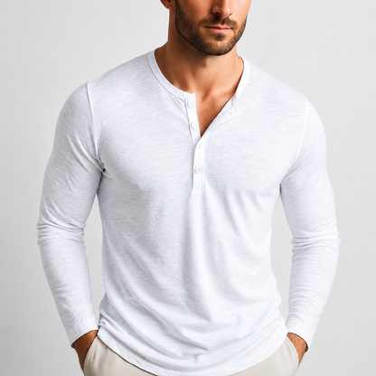 Men's Long Sleeve Henley Shirt with Button Placket and Slim Fit