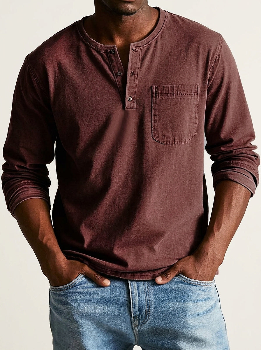 Men's Long Sleeve Henley Shirt with Chest Pocket