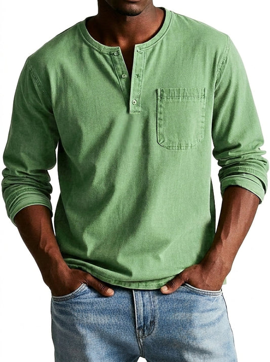 Men's Long Sleeve Henley Shirt with Chest Pocket