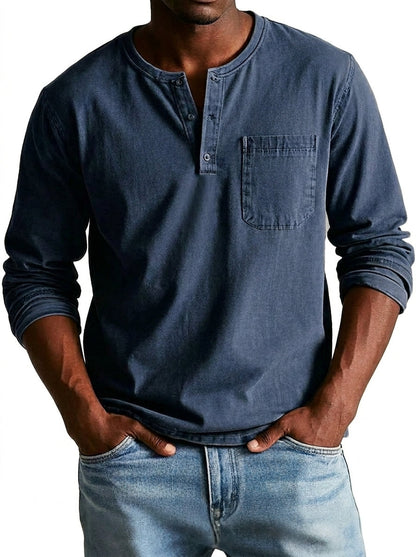 Men's Long Sleeve Henley Shirt with Chest Pocket