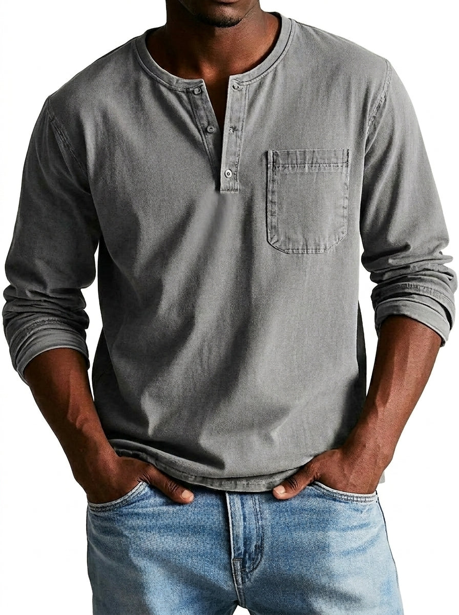 Men's Long Sleeve Henley Shirt with Chest Pocket