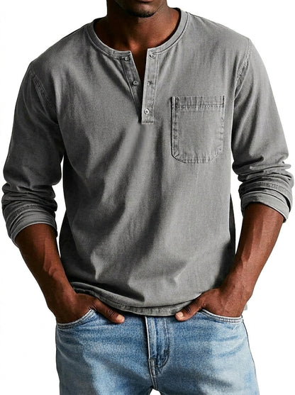 Men's Long Sleeve Henley Shirt with Chest Pocket