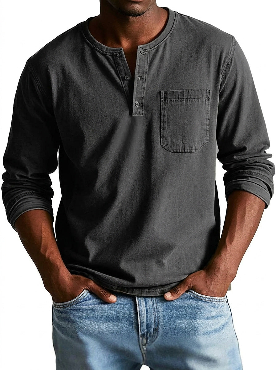 Men's Long Sleeve Henley Shirt with Chest Pocket