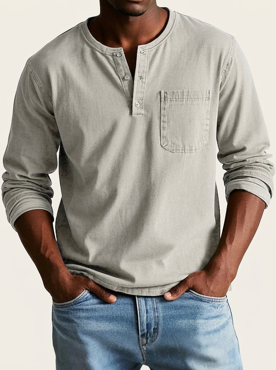 Men's Long Sleeve Henley Shirt with Chest Pocket