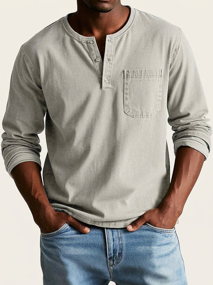 Men's Long Sleeve Henley Shirt with Chest Pocket