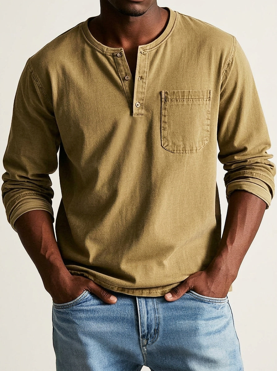 Men's Long Sleeve Henley Shirt with Chest Pocket