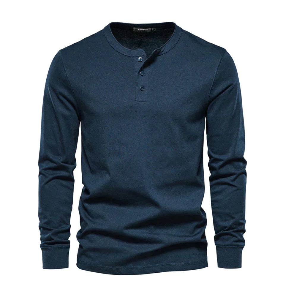 Men's Long Sleeve Henley Shirt with Round Neck and Button Placket