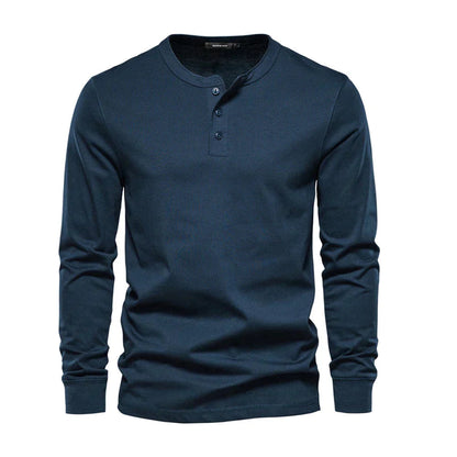 Men's Long Sleeve Henley Shirt with Round Neck and Button Placket