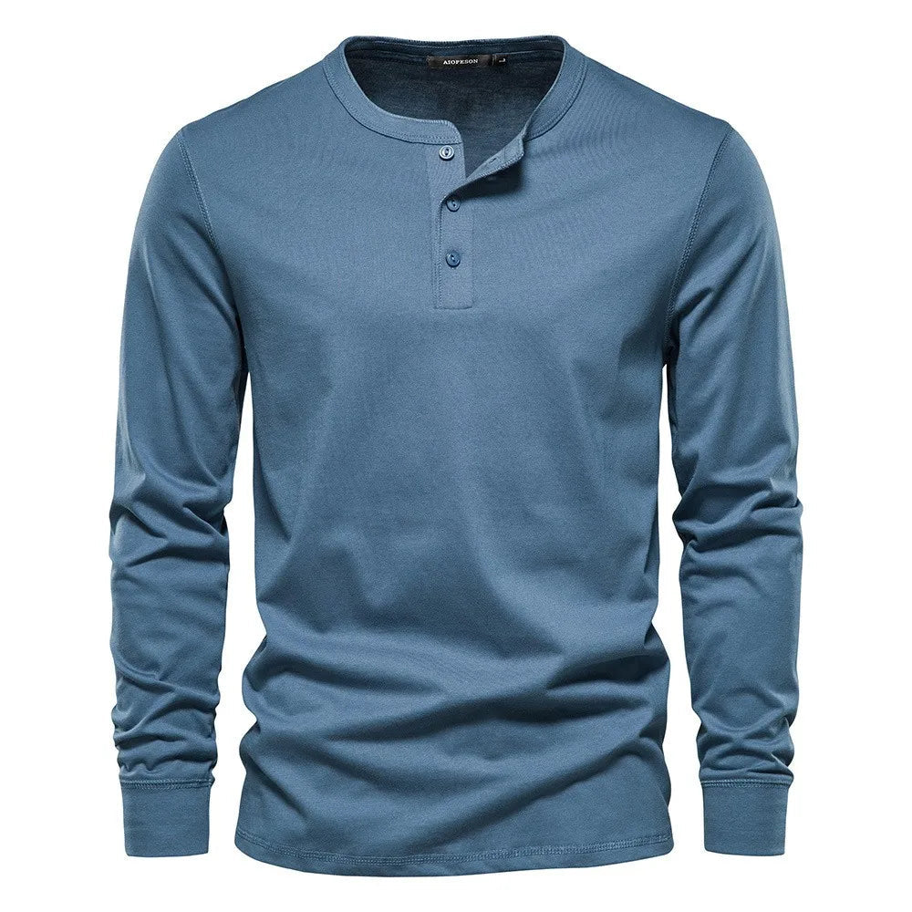 Men's Long Sleeve Henley Shirt with Round Neck and Button Placket