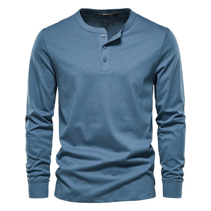 Men's Long Sleeve Henley Shirt with Round Neck and Button Placket