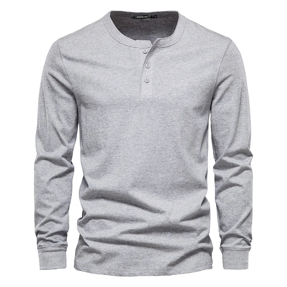 Men's Long Sleeve Henley Shirt with Round Neck and Button Placket