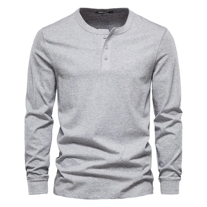 Men's Long Sleeve Henley Shirt with Round Neck and Button Placket
