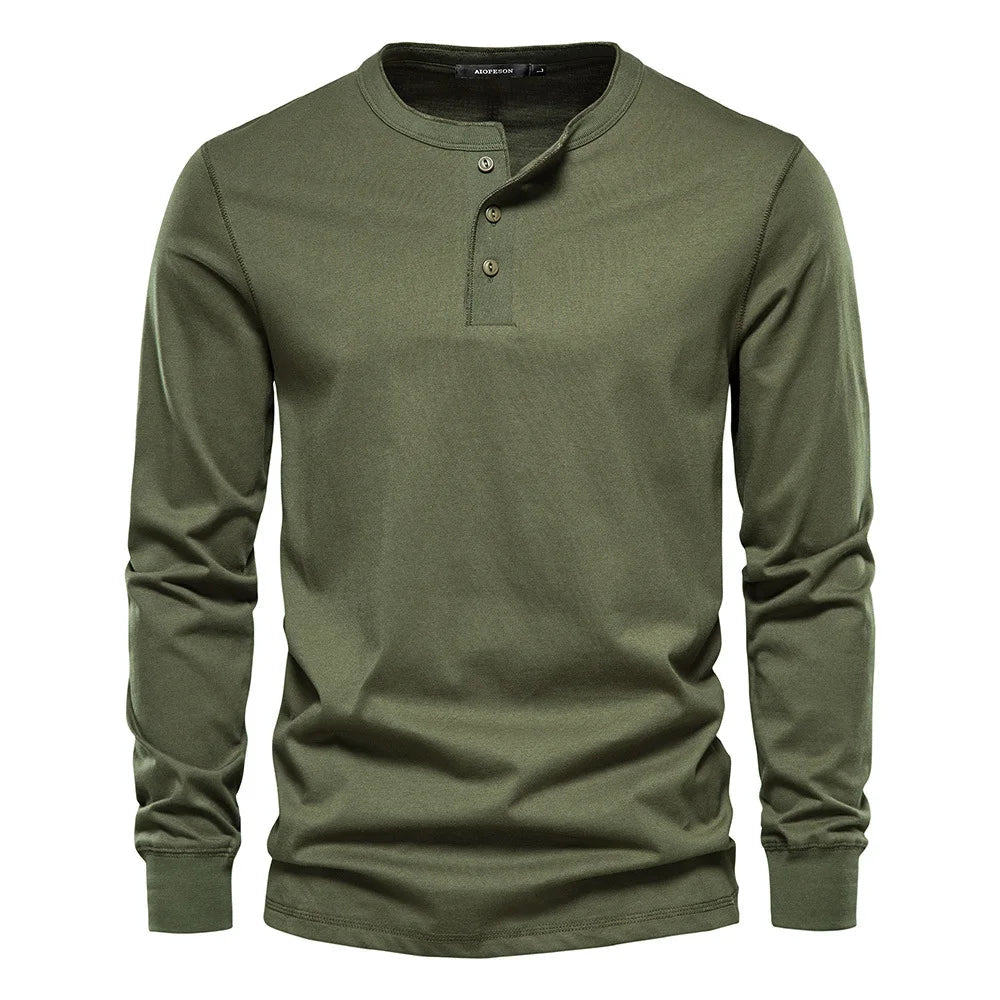 Men's Long Sleeve Henley Shirt with Round Neck and Button Placket
