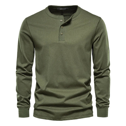 Men's Long Sleeve Henley Shirt with Round Neck and Button Placket