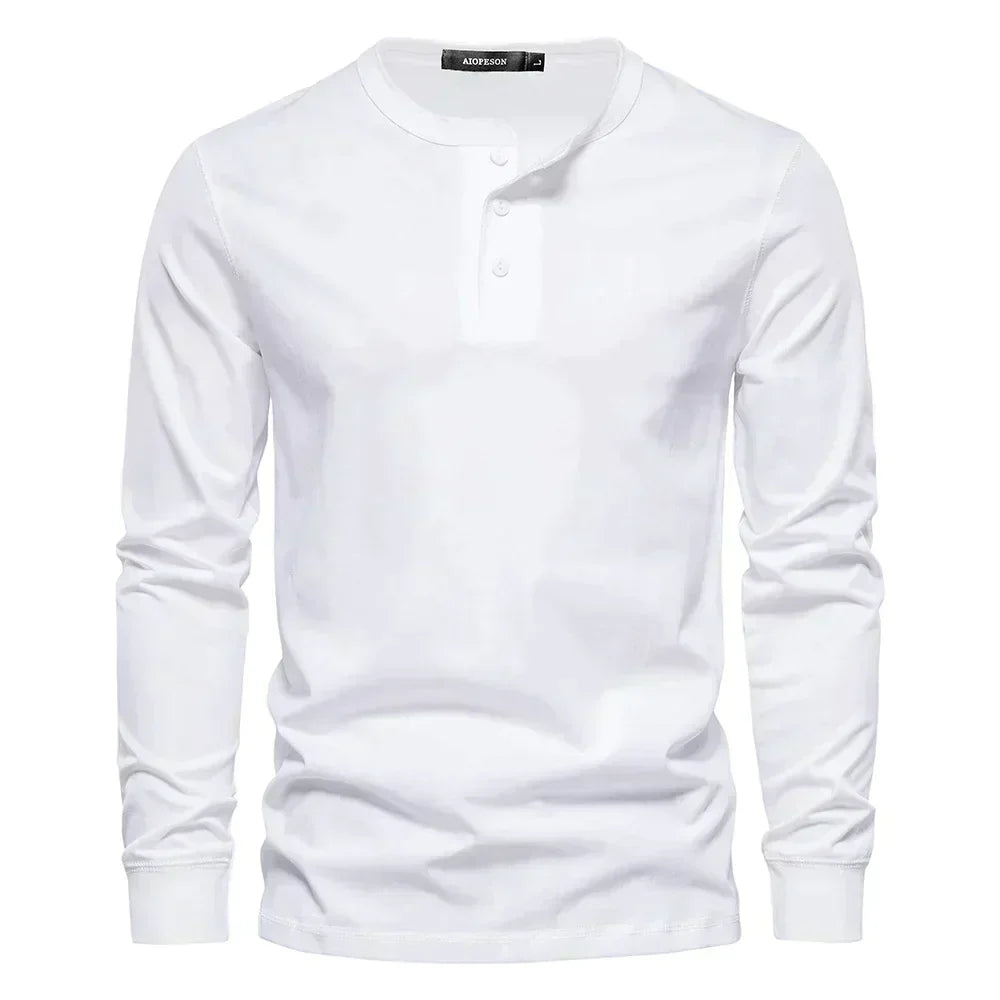 Men's Long Sleeve Henley Shirt with Round Neck and Button Placket