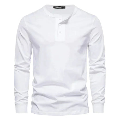 Men's Long Sleeve Henley Shirt with Round Neck and Button Placket