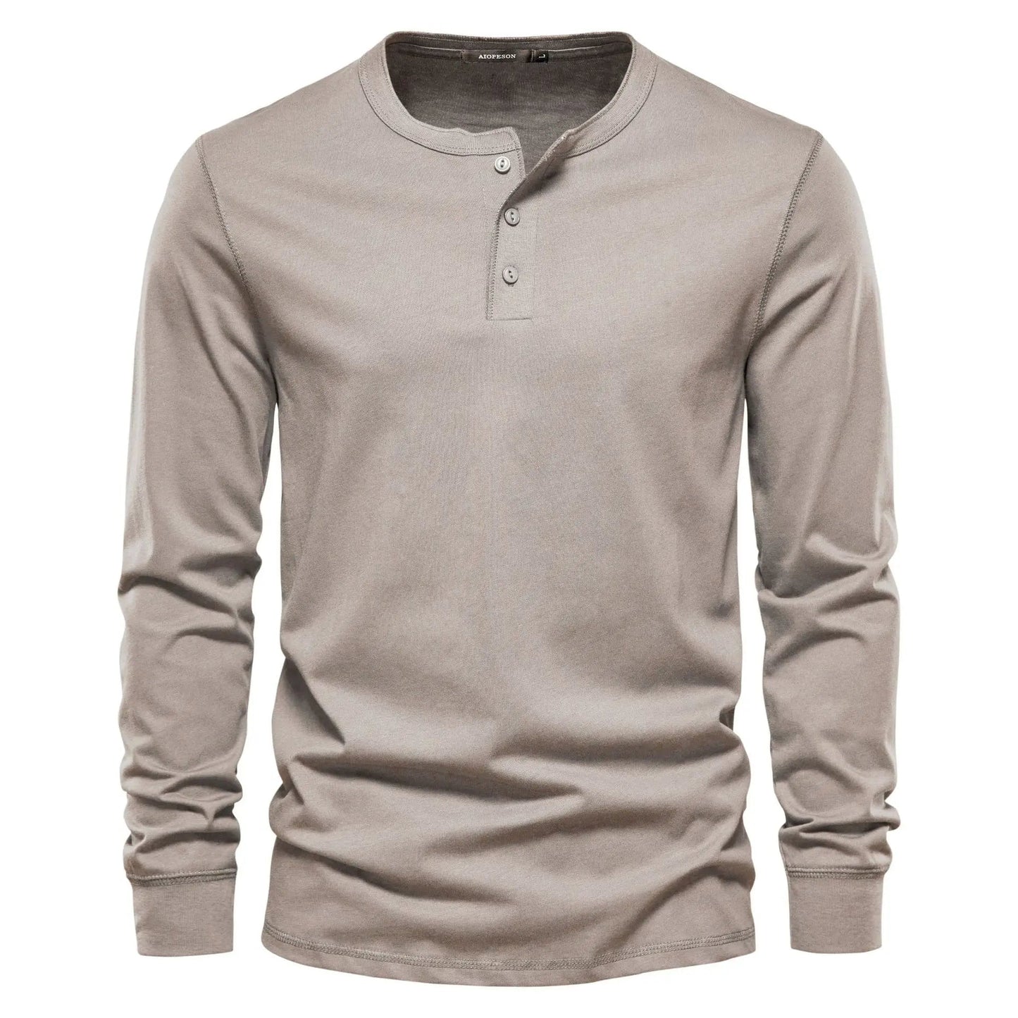 Men's Long Sleeve Henley Shirt with Round Neck and Button Placket