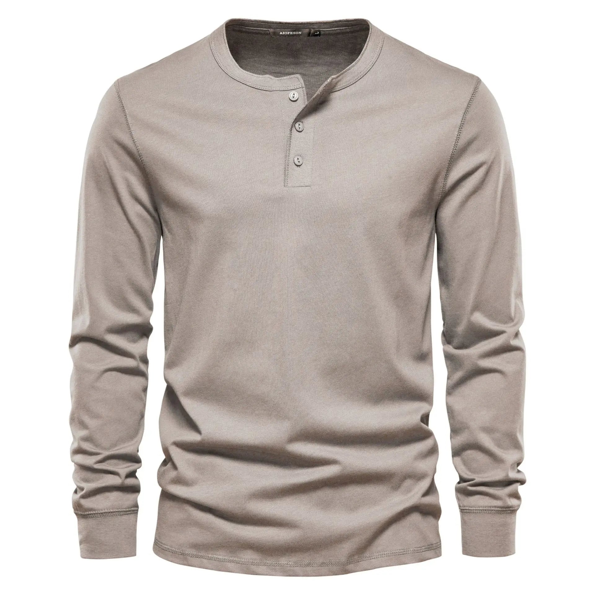 Men's Long Sleeve Henley Shirt with Round Neck and Button Placket