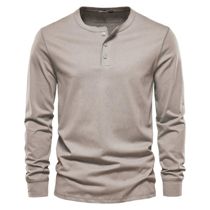 Men's Long Sleeve Henley Shirt with Round Neck and Button Placket