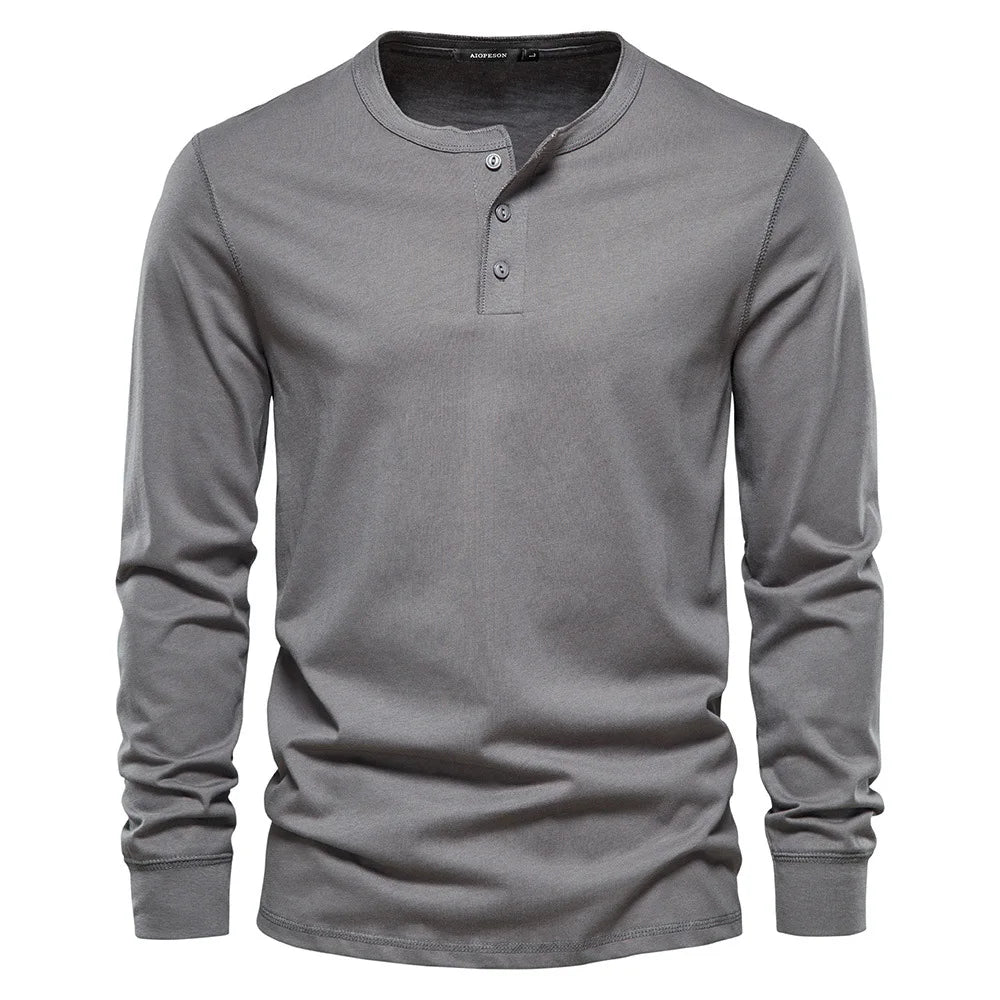 Men's Long Sleeve Henley Shirt with Round Neck and Button Placket