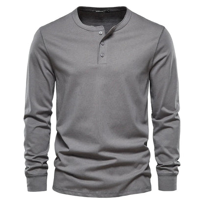 Men's Long Sleeve Henley Shirt with Round Neck and Button Placket