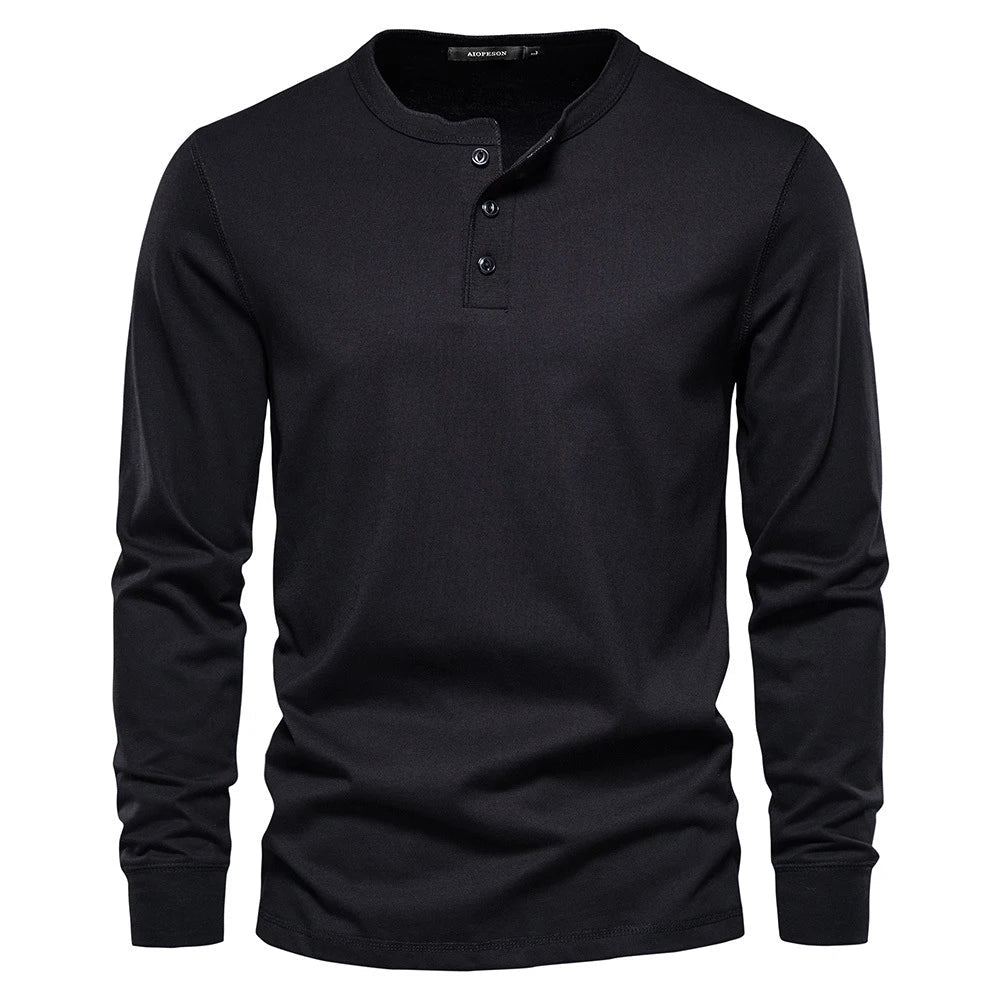 Men's Long Sleeve Henley Shirt with Round Neck and Button Placket