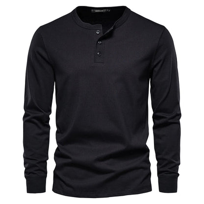 Men's Long Sleeve Henley Shirt with Round Neck and Button Placket
