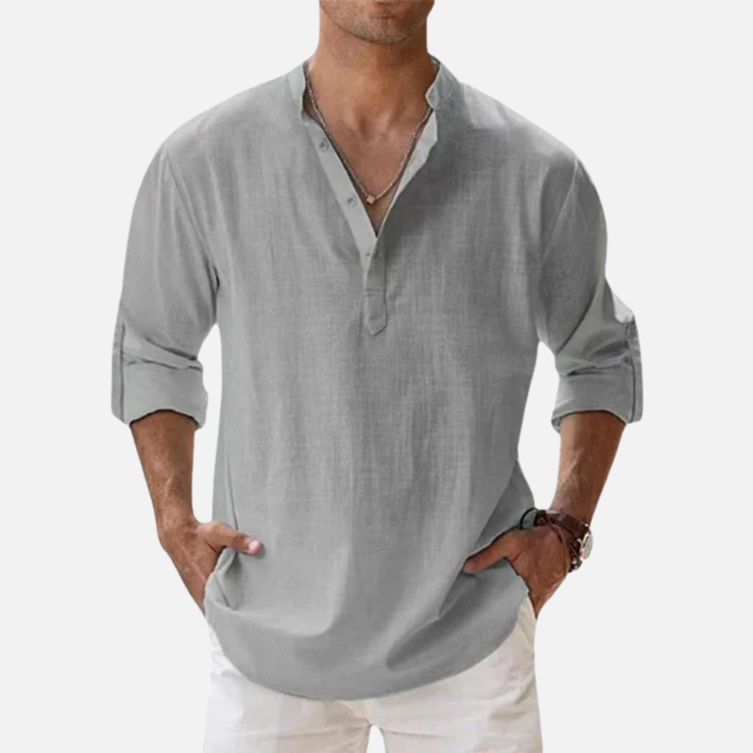 Men's Long Sleeve Henley Shirt with Stand Collar and Roll-Up Sleeves