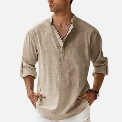 Men's Long Sleeve Henley Shirt with Stand Collar and Roll-Up Sleeves