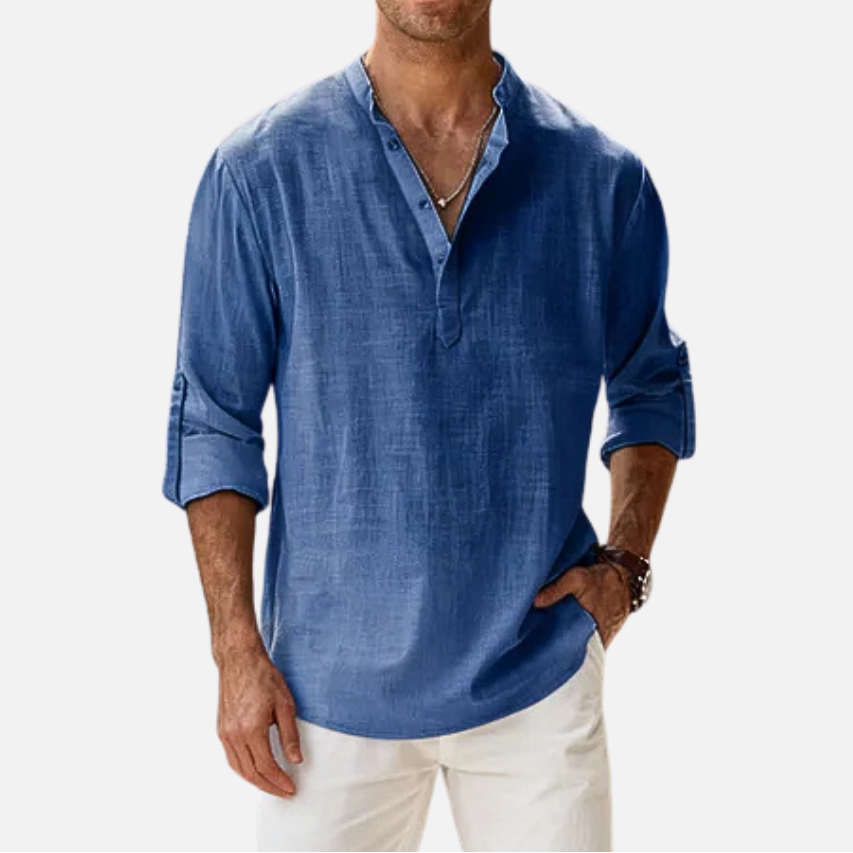 Men's Long Sleeve Henley Shirt with Stand Collar and Roll-Up Sleeves