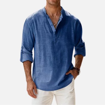 Men's Long Sleeve Henley Shirt with Stand Collar and Roll-Up Sleeves