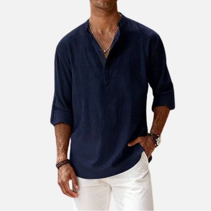 Men's Long Sleeve Henley Shirt with Stand Collar and Roll-Up Sleeves