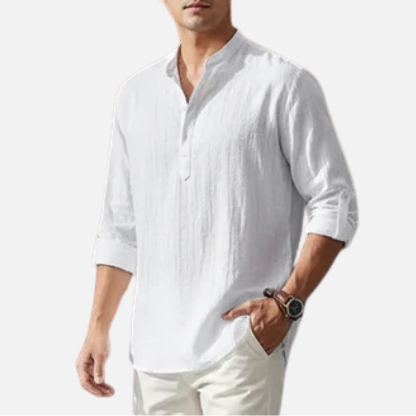 Men's Long Sleeve Henley Shirt with Stand Collar and Roll-Up Sleeves