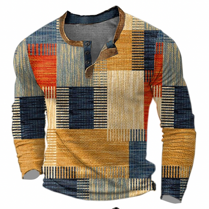 Men's Long Sleeve Henley Sweatshirt with Geometric Block Print