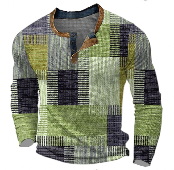 Men's Long Sleeve Henley Sweatshirt with Geometric Block Print