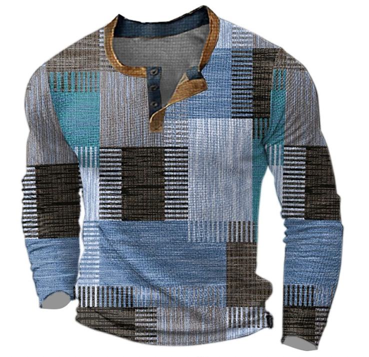 Men's Long Sleeve Henley Sweatshirt with Geometric Block Print