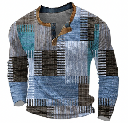 Men's Long Sleeve Henley Sweatshirt with Geometric Block Print
