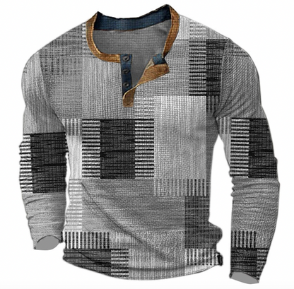 Men's Long Sleeve Henley Sweatshirt with Geometric Block Print