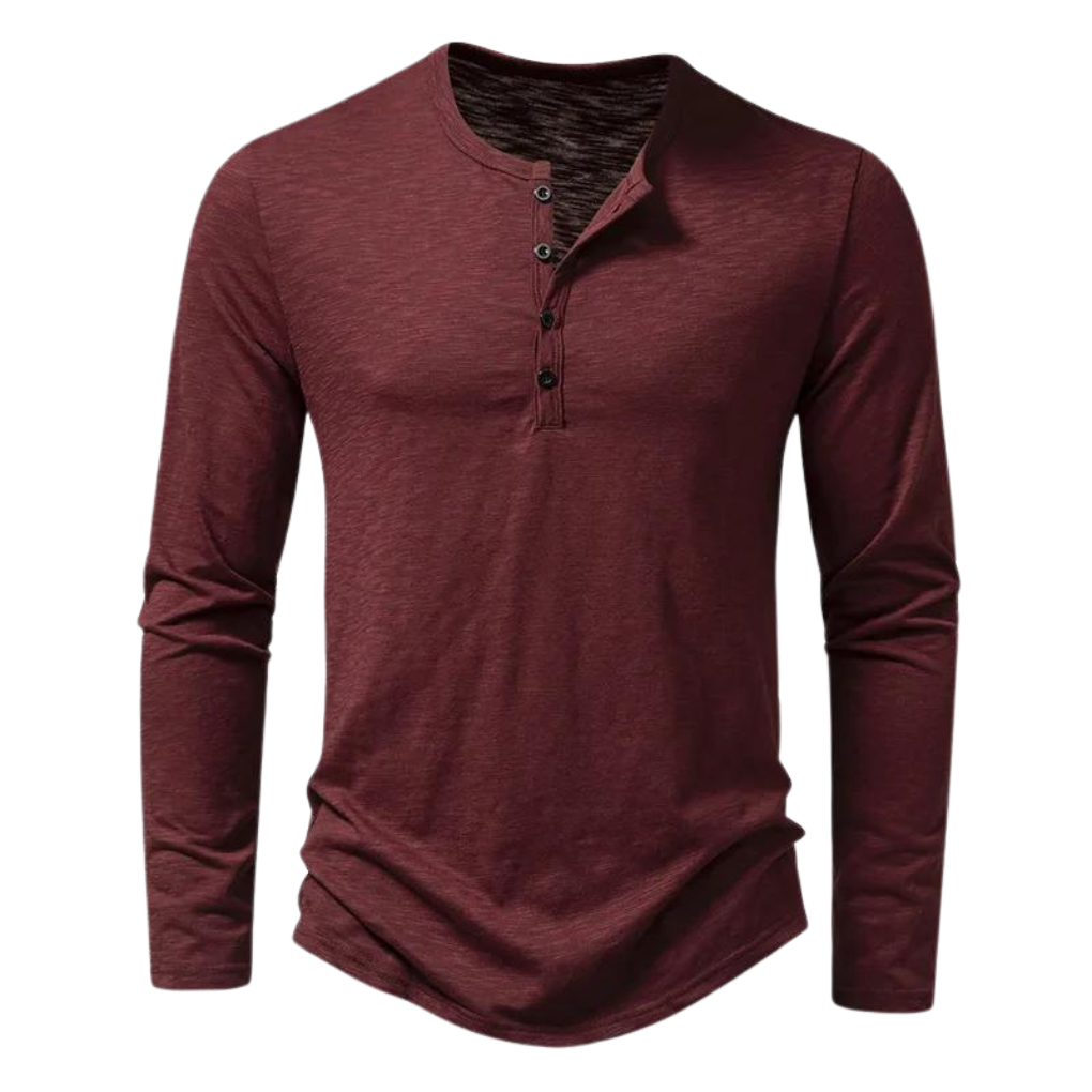 Men's Long Sleeve Henley T-Shirt with Button Placket and Crew Neck