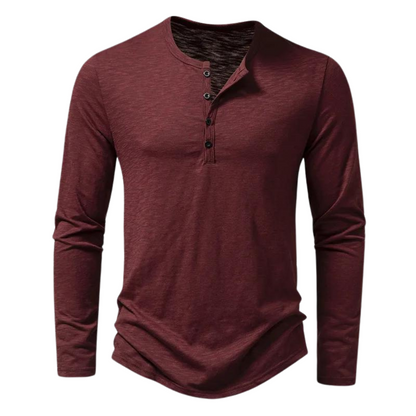 Men's Long Sleeve Henley T-Shirt with Button Placket and Crew Neck